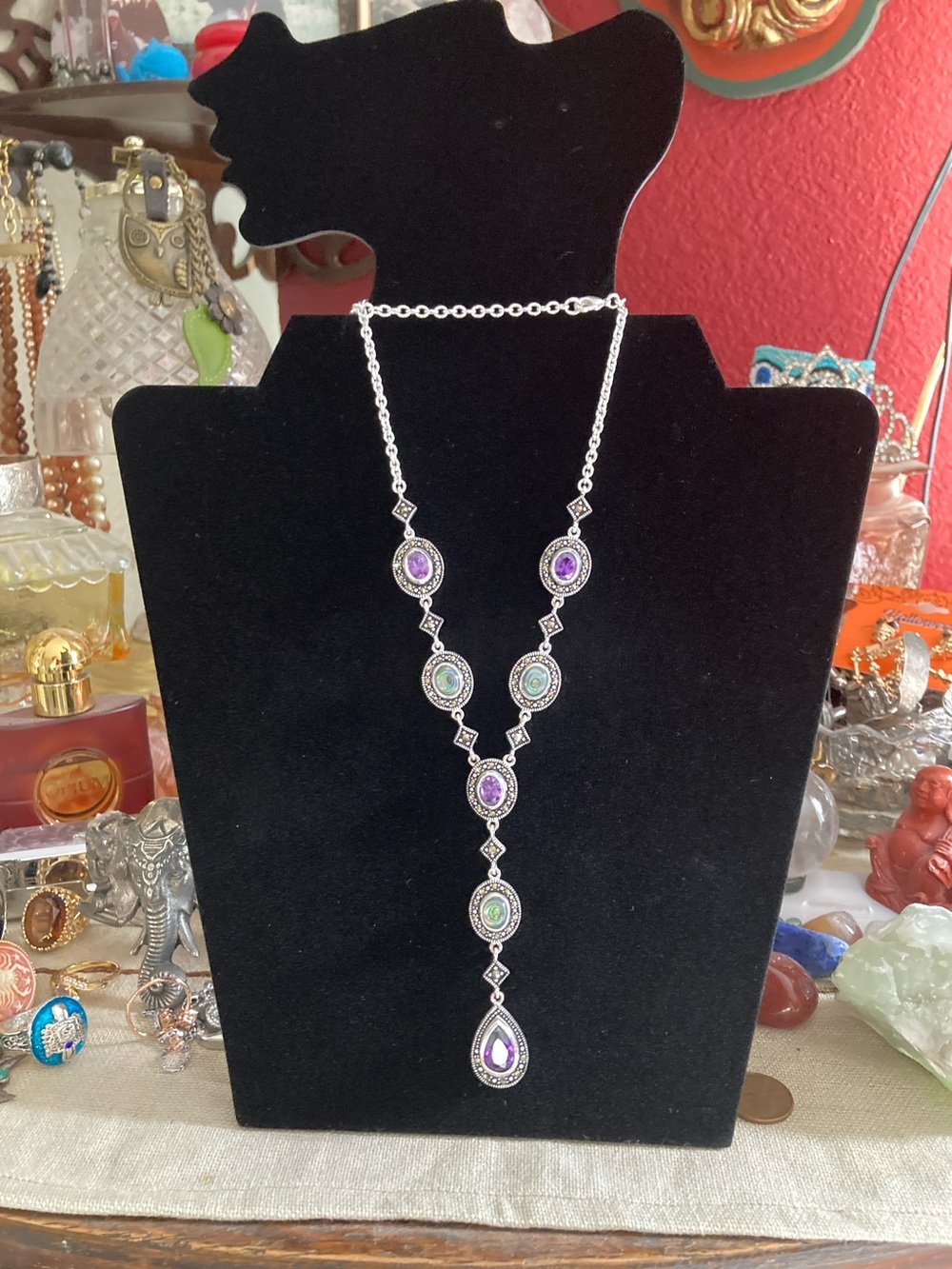 Silver-Tone Y Necklace with Purple and Green Gemstones